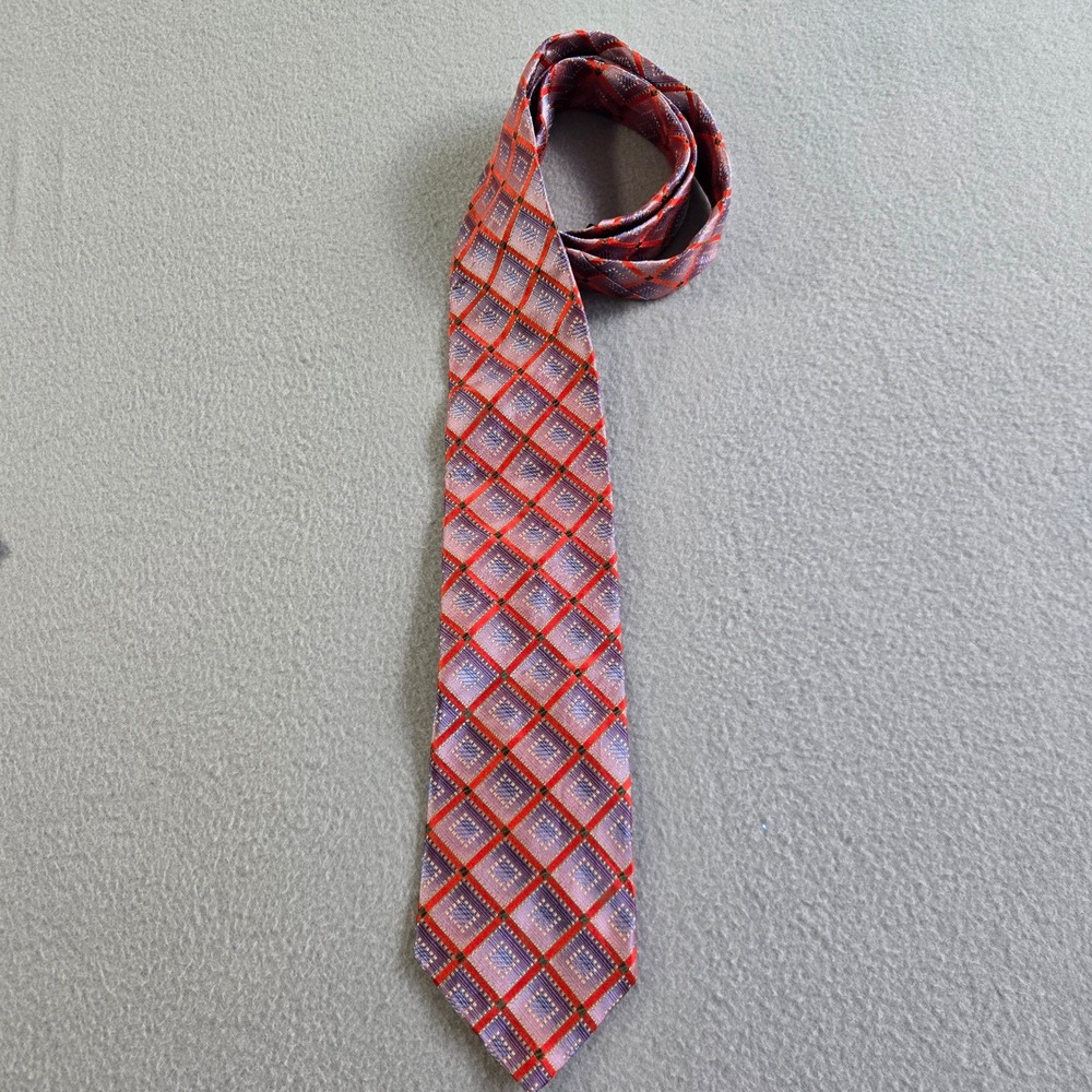 Dion Signature Necktie Mens OS Purple Red Geometric Diamond 100% Italian Silk